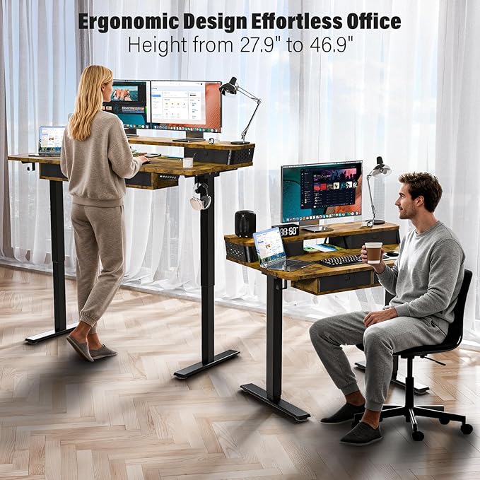 Kingant 48 x 24 Inch Electric Standing Desk with 4 Drawers, Height Adjustable Sit to Stand Computer Desk with Storage Shelf and C-Clamp Mount Compatibility for Home Office, Rustic Brown