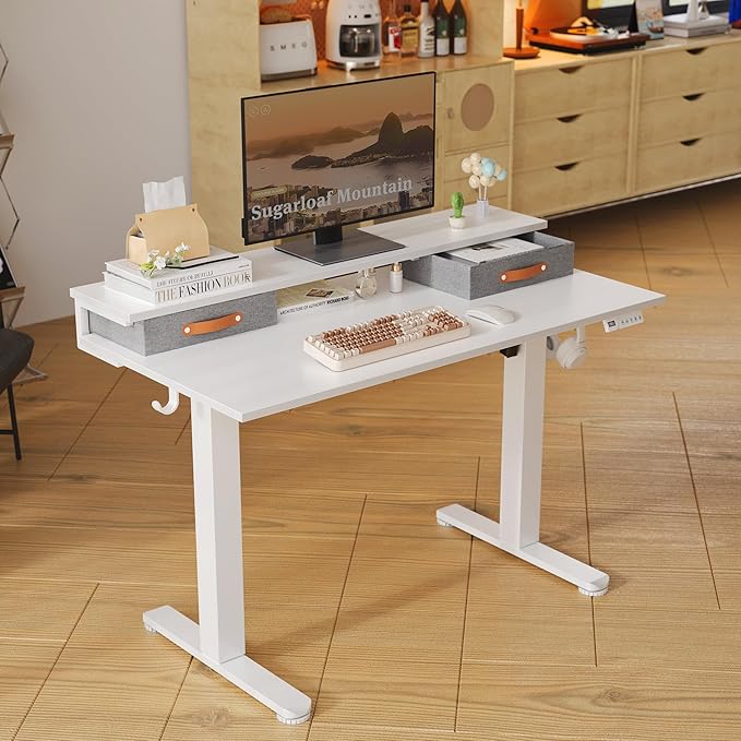 Claiks Electric Standing Desk with 2 Drawers, Adjustable Standing Desks with Storage, Height Adjustable Stand up Desk for Home Office with 2 Hooks,55 Inch White