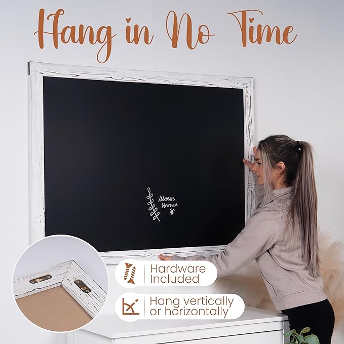 Loddie Doddie Magnetic Chalkboard - 46 x 34.5 in, White Rustic Frame, Wall Mount - Erasable Chalk Board Surface & Message Center - Chalkboard Signs & Magnet Board