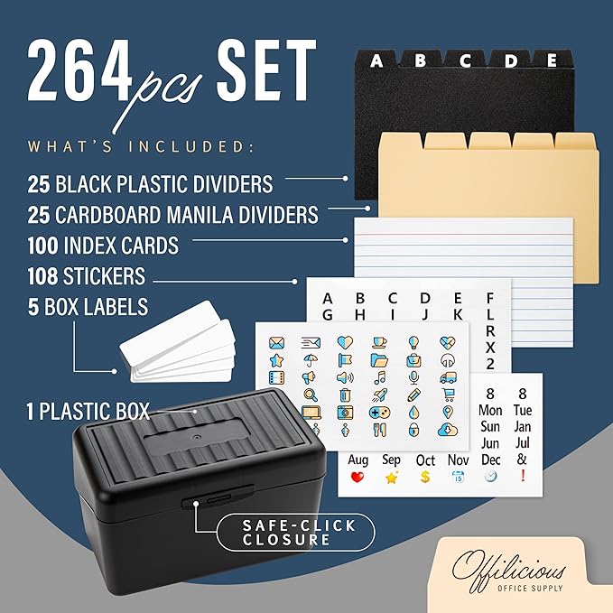 OFFILICIOUS Business Card Organizer 3x5 - Premium Index Card Holder Box for Flashcards, Notecards, Recipes - Recipe Box with Cards & Dividers, Labels, Stickers