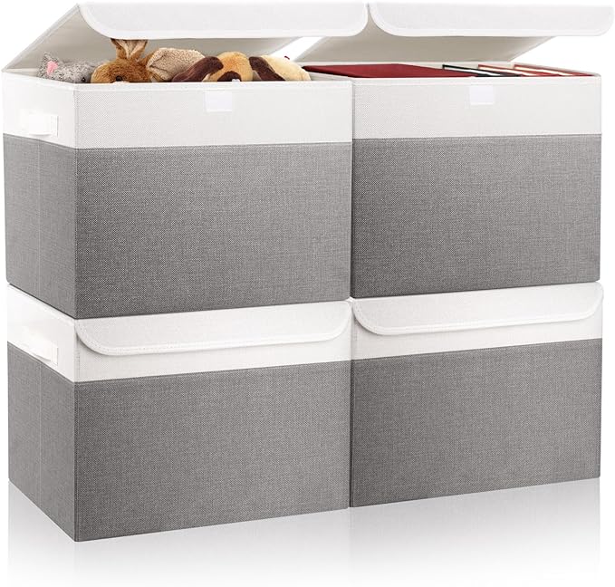Bagnizer Large 22 Quart Linen Fabric Foldable Storage Bin Cube Organizer Basket with Flip-Top Lid & Handles, Clothes Blanket Box for Home, Office, Closet, Gray & White, 4 Pack 14.6 x 9.5 x 9.5”
