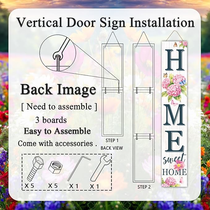 Home Sweet Home Welcome Sign for Front Porch, 47" Wood Framed Porch Sigh Spring Hydrangea Flower Decorations with Hanging Rope, Farmhouse Yard Signs Home Decor for Outdoor Patio Easter Gift