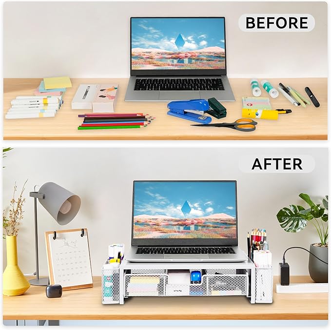 Qupui Computer Monitor Stand Riser with Drawer and Pen Holders, Desk Organizer Shelf and Accessories, Office Desk Accessories, Office Organization, White