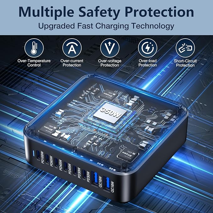 350W USB Fast Charging Station, 8 Port USB C Multi Port Charger Block with PD 100W Fast Charging Station for Multiple Devices, USB Charger Block Compatible iPhone, Android Cell Phone, Tablet, iPad