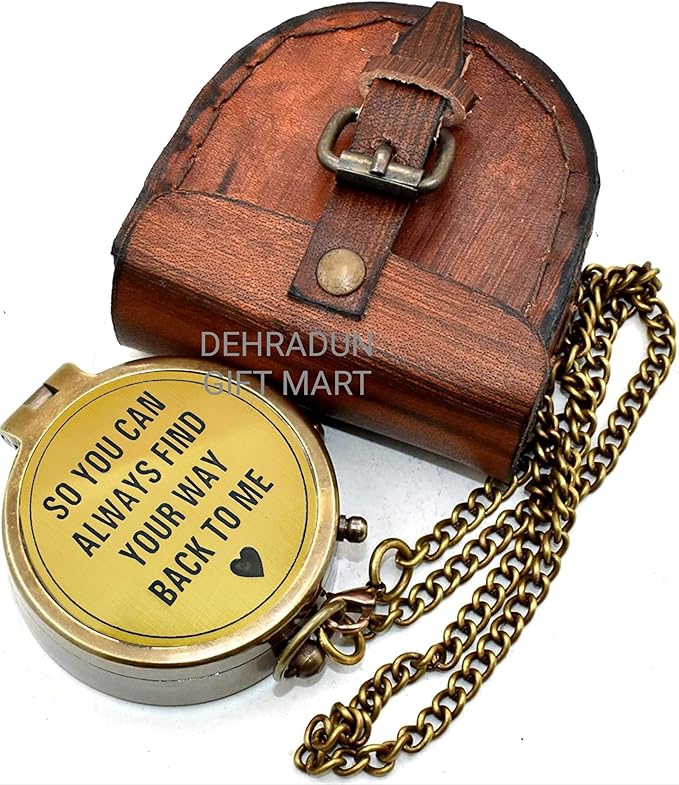 So You Can Always Find Your Way Back to Me Vintage Brass Compass with Chain & Wooden Box – Engraved Nautical Pocket Compass Inspirational Travel Keepsake Couple Gifts