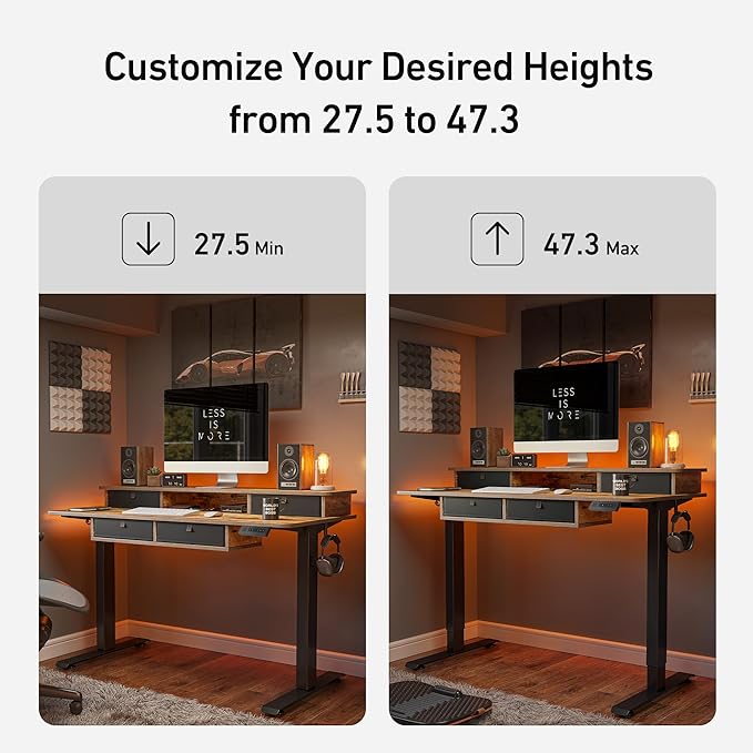 FEZIBO 48'' x 24'' Electric Standing Desk with 4 Storage Drawers, Adjustable Height Computer Table with Monitor Shelf, Stand Up Desk for Study, Gaming, Workstation, Rustic Brown Top