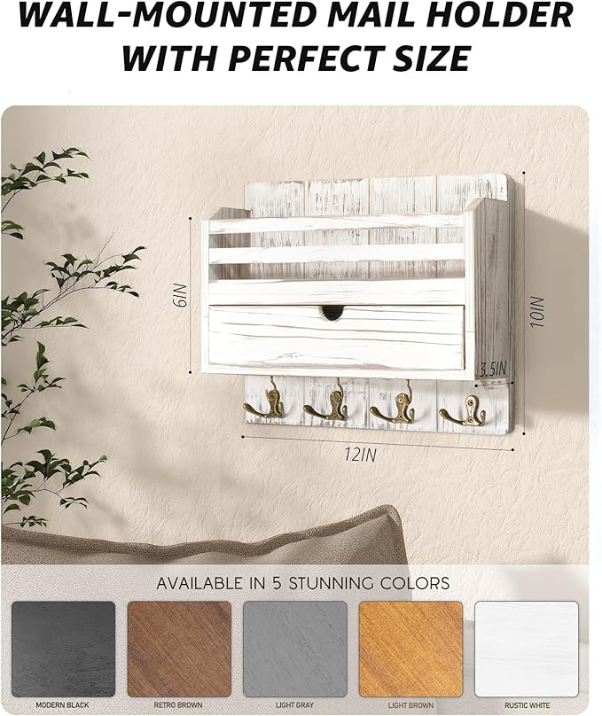 Rebee Vision Farmhouse Mail Organizer Wall Mounted – Rustic Key and Mail Holder for Wall with Drawer Organizer and 7 Key Hooks – Home Organization for Home Decor (Whitewash)