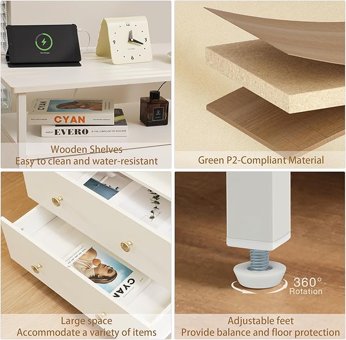 Edbuosy 27 inch Wide Night Stand Set 2 with Charging Station, Bedside Table with Open Shelf, 2 Drawers Small Wood Dresser, Modern Wood Nightstand for Bedroom/Living Room (White)