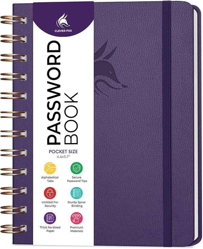 Clever Fox Password Book Spiral – Mini Internet Address & Password Organizer with Laminated Alphabetical Tabs – Small Password Keeper Journal – Hardcover, Pocket Size, 4.7x5.7” (Purple)