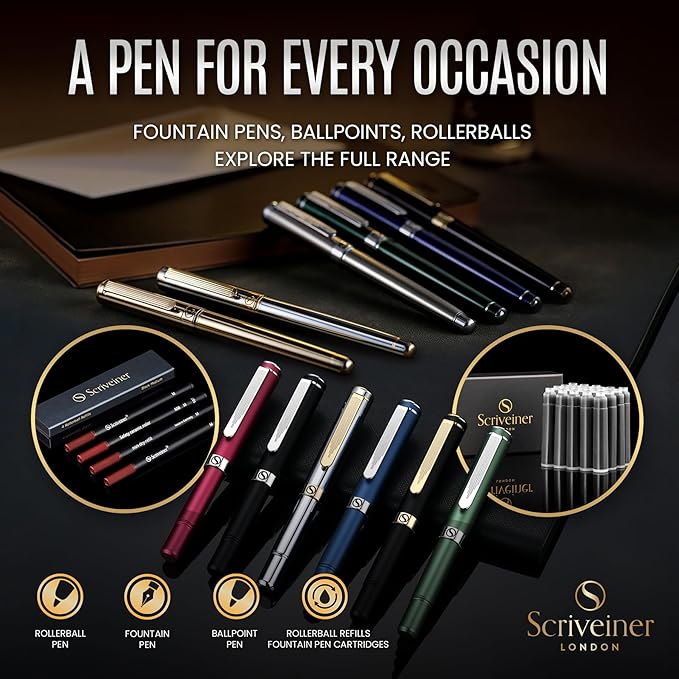 Scriveiner British Racing Green Fountain Pen - Stunning Luxury Pen with Chrome Finish, Schmidt Nib (Fine), Best Pen Gift Set for Men & Women, Professional, Executive, Office, Nice Pens