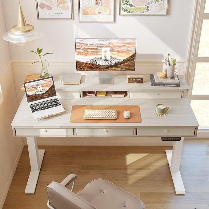 FEZIBO Height Adjustable Electric Standing Desk with 5 Drawers, 55 x 24 Inch Table with Storage Shelf, Sit Stand Desk White Frame/Light Walnut Top, 55 inch