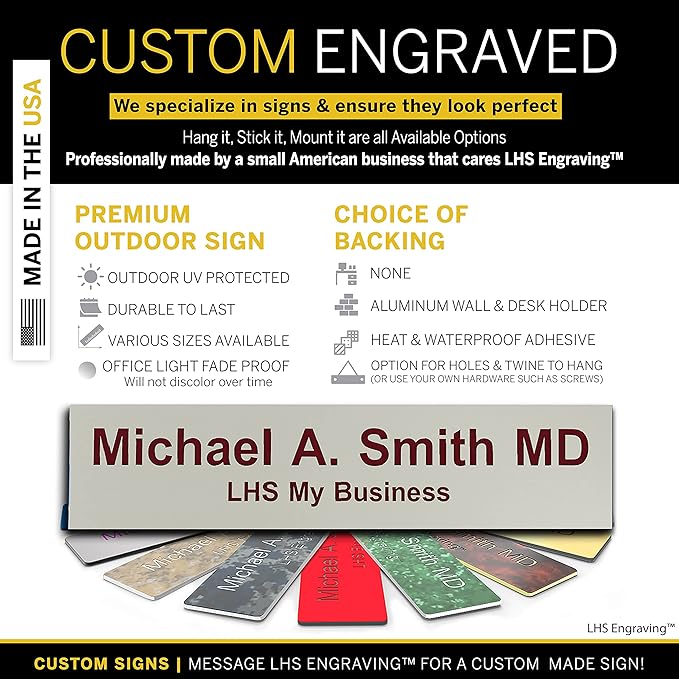 Engraved Name Plates for Door Sign Personalized Gray Plastic Plaque with Maroon Letters - Made in USA 2x6 B21