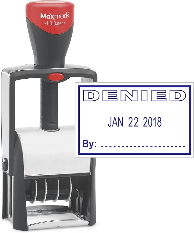 MaxMark Heavy Duty Self Inking Date Stamp with Phrase Denied - Blue Ink