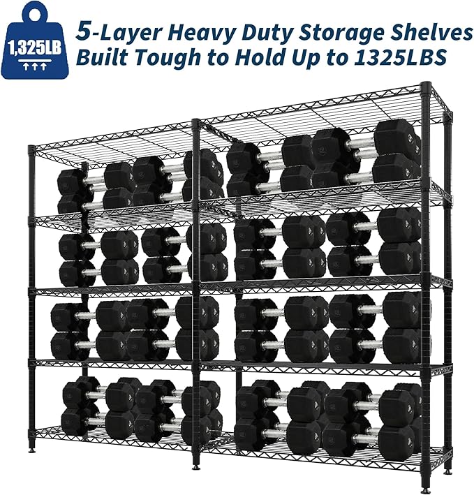 MilleLoom 5-Tier Storage Shelves, 60"W Metal Shelving Unit Heavy Duty Adjustable Garage Corner Wire Rack, H-Shaped/L-shaped Shelf for Kitchens, Pantry Rooms, Basement Storage,13.8"D x 60"W x 70.5"H