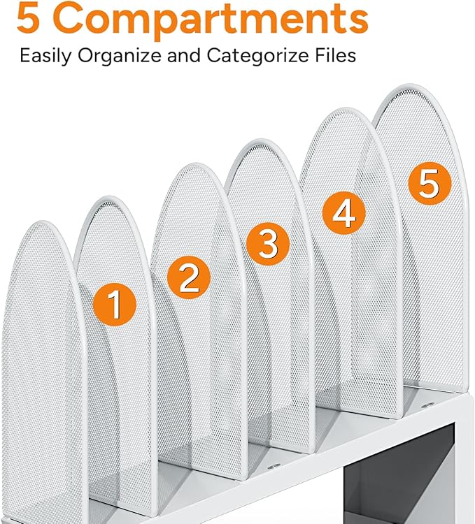 OUTIOE 5-Section Desk File Organizer, Metal Mesh Folder Organizer for Documents, Mail & Office Papers (White)