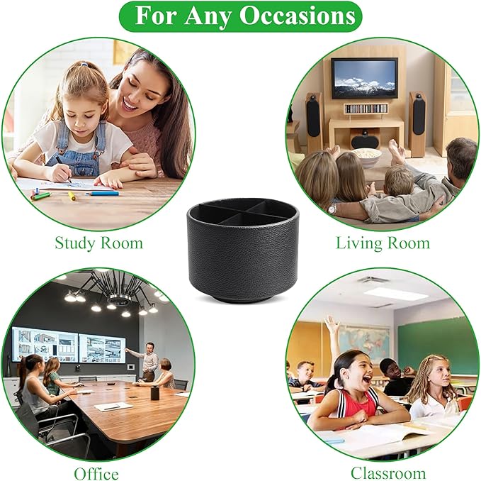 Hennaja Round Leather Art Supply Organizer,Remote Control Holder,360 Degree Spinning,Multi-Functional Pencil Holder,4 Compartments Desktop Stationary Organizer(1-Lichee Black)