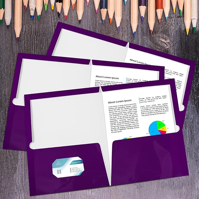 Yeaqee 100 Pack 2 Pockets Glossy Laminated Paper Folder First Day of School Presentation Folder Letter Size Two Pocket File Portfolio Holder Back to School Items Bulk for Teacher Office (Purple)