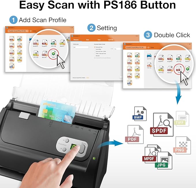 Plustek PS186 Desktop Document Scanner, with 50-Pages Auto Document Feeder (ADF). for Windows 7/8 / 10/11 (Intel/AMD only)