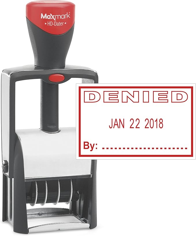 MaxMark Heavy Duty Self Inking Date Stamp with Phrase Denied - Red Ink