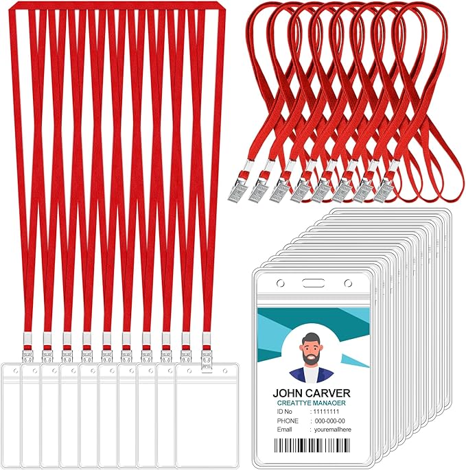 100 Pcs Clear Vertical Badge Id Card and 100 Pcs Lanyard, Reusable Lanyards for Id Badge Holder Name Tag Badge Holder with Lanyards for Adults Kids Business School Conferences (Red)