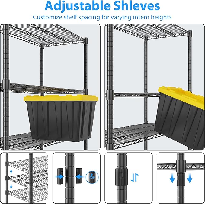 Homdox 5 Tier Storage Racks and Shelving, 24"x60"x82" Heavy Duty Metal Shelves for Storage, 3000LBS Commercial Adjustable Wire Shelving Unit on Wheels for Garage, Pantry, Kitchen, Warehouses, Black