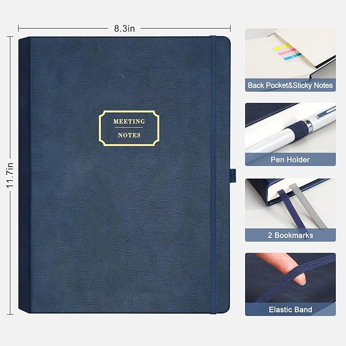 EMSHOI Meeting Notebook for Work with Sticky Tabs - 240 Pages, A4 Size Project Planner, PU Leather Meeting Agenda/Minutes Organizer for Women Men, Note Taking, Office & Business, 8.3"x11.7", Blue