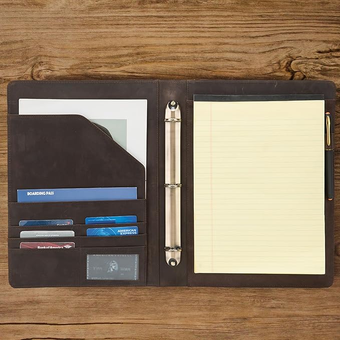 Geslun Genuine Leather 3 Ring Binder, 8.5 x 11 Letter Size Folio with Pen Holder, Soft Notebook Portfolio Cover, Slim Notepad Padfolio Thin File Organizer for Work Executive Meeting, Dark Khaki