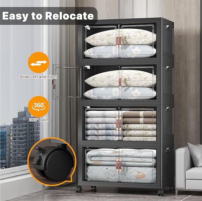 UAMFURI Extra Large Stackable Storage Bins with Lids & Wheels & Door, 640QT-160QT/40GAL*4Pack Foldable Collapsible Closet Organizers, Plastic containers drawers for bedroom Dorm
