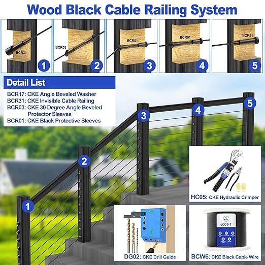 CKE 50 Pack T316 Stainless Steel Black Protector Sleeves for 1/8" 5/32" or 3/16" Cable Deck Stair Railing Kit System, Black Cable Railing Protective Sleeves for Wood Posts, DIY Balustrade, BCR01-3/16
