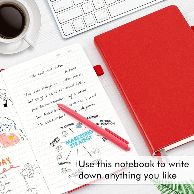 5 Pack Journal Notebook Bulk for School, Feela Hardcover Business Notebooks Classic Ruled Lined Journals with Pen Holder for Work Note Taking, with 5 Black Pens, 120 GSM, 5.1”x8.3”, A5, Red