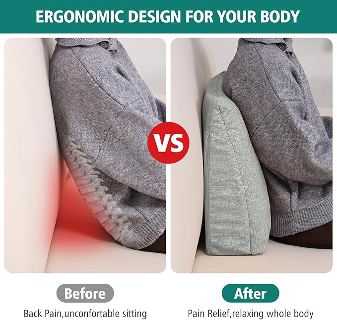TANYOO Back Support Pillow for Recliner Soft Dual Layer Lumbar Support Pillow with Shredded Memory Foam Ergonomic Orthopedic Couch Lumbar Cushions for Elderly Lower Back Pain Relief Light Grey