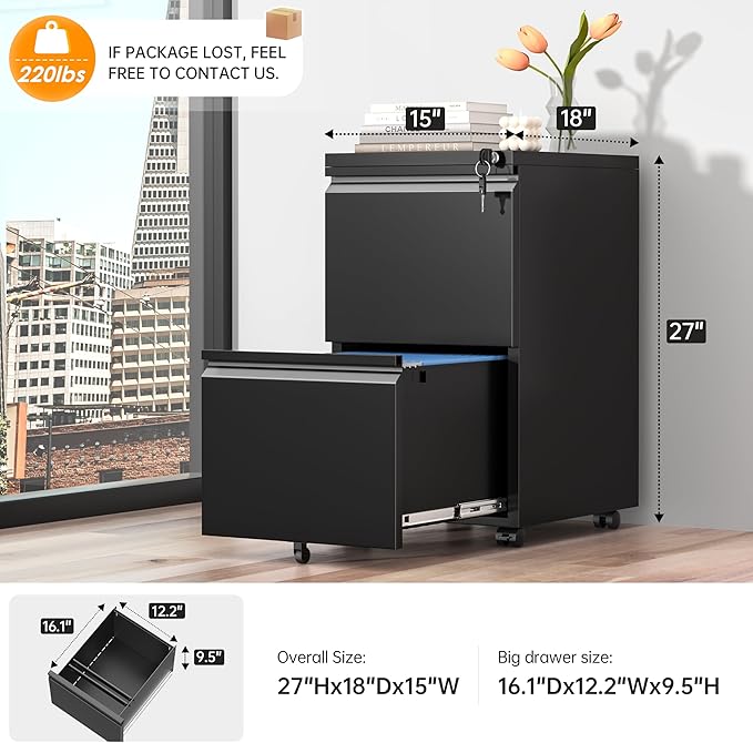INTERGREAT 2 Drawer File Cabinet with Wheels, Metal Filling Cabinet with Lock, Locking Office Mobile Cabinet with Wheels for Legal/Letter Size, Under Desk, Easy Assemble, Black