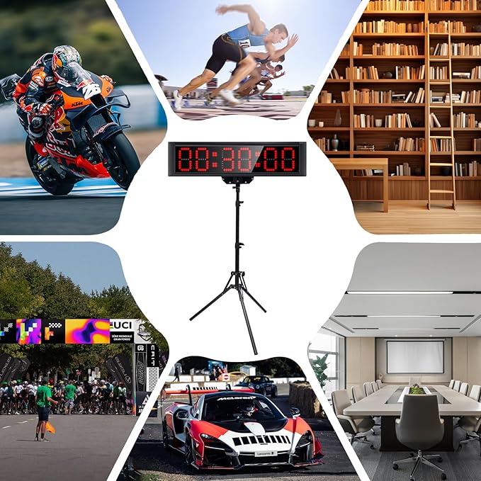 Large LED Display Digital Race Timer Clock with Tripod,Battery,Remote Control,Function-Countdown/Up/Time Clock,for Sports Events, Races, Meetings, Presentations (Non-Waterproof +RGB)