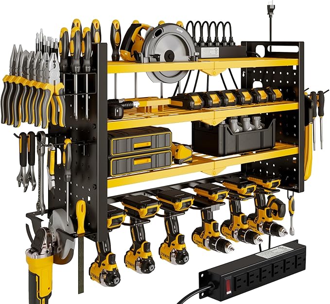 NattyDot Power Tool Organizer Wall Mount with Charging Station 4 Layer 6 Slot Cordless Drill Holder with Angle Grinder Holder (Yellow)