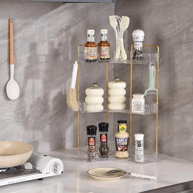 Trdongxu 3-Tier Corner Bathroom Organizer Countertop with Hooks, Bathroom Sink Corner Vanity Storage for Makeup, Skincare and Perfume (White Gold)