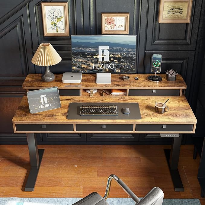 FEZIBO Height Adjustable Electric Standing Desk with 5 Drawers, 55 x 24 Inch Table with Storage Shelf, Sit Stand Desk Black Frame/Rustic Brown Top, 55 inch