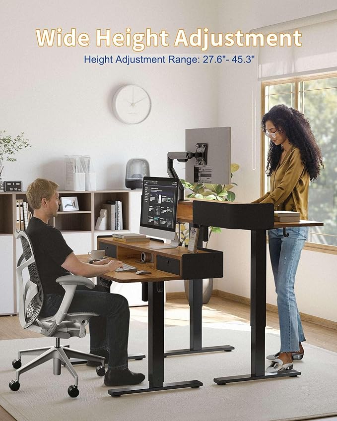 YIHAYO Electric Standing Desk with Drawers, 55 x 24 Inches Adjustable Desk with Storage Shelf, Stand Up Desk with Splice Board, Computer Table for Home Office, Black Frame/Rustic Brown Top