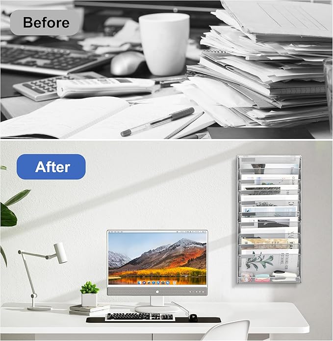 EasyPAG Wall File Holder 10 Tier Mesh Hanging Folder Organizer with Flat Tray Wall Mounted Mail Organizer Magazine Paper Desk Shelf with Nametag Label for Office Home School, Silver