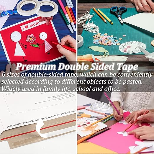 SmaringWing Double Sided Tape for Crafts, 6 Rolls Multi-Size Double-Sided Adhesive Tape for Arts, Photography, Gift Box, Scrapbooking, Card Making, Paper Backing