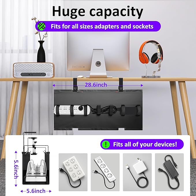 Cotohim Under Desk Cable Management Tray - Under Desk Cord Management - Clamp/Screw Mount - Fabric Wire Management - Cable Raceways Tray Cord Hiders for Office/Home (Black, 28.6"×5.6")