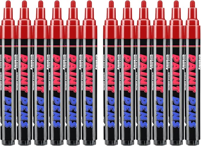 Craiiby Red Paint Pens Paint Markers - 12 Pack Permanent Quick Dry Waterproof Marker Pens for Rocks Wood Fabric Plastic Canvas Glass Mugs Metal Tire Stone