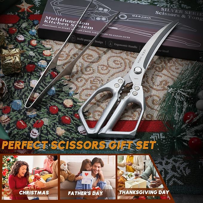 HUUSK Kitchen Scissors and Cooking Tong Set - Silver Kitchen Shears for Food with Stainless Steel BBQ Tongs, Japanese Style Dishwasher Safe Meat Scissors for All Purpose, Gifts for Men Women