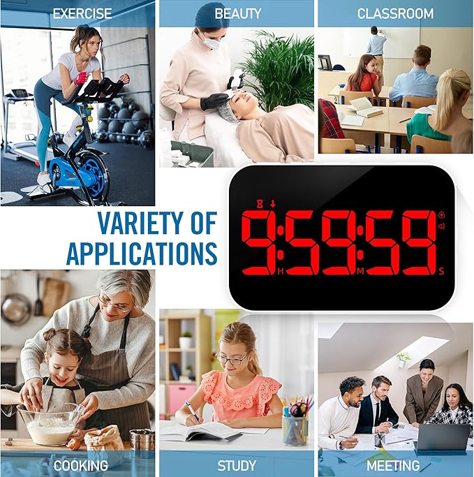 Kitchen Digital RED Timer, Count Down Up, Rechargeable, Vibration Mode Adjustable Volume and Brightness LED Display, Time Management Cook, Desk