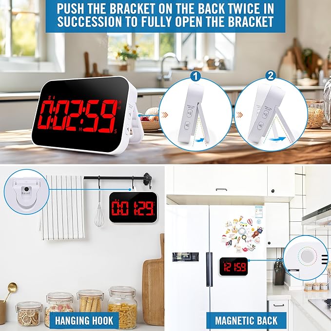 Kitchen Digital RED Timer, Count Down Up, Rechargeable, Vibration Mode Adjustable Volume and Brightness LED Display, Time Management Cook, Desk