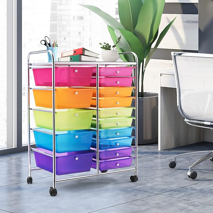 GLACER 15 Drawers Rolling Cart, Storage Cart with w/Removable Drawers & Steel Frame, Multipurpose Organizer Cart w/Sleek Handle, Utility Cart on Lockable Wheels for Home, School, Office (Rainbow)