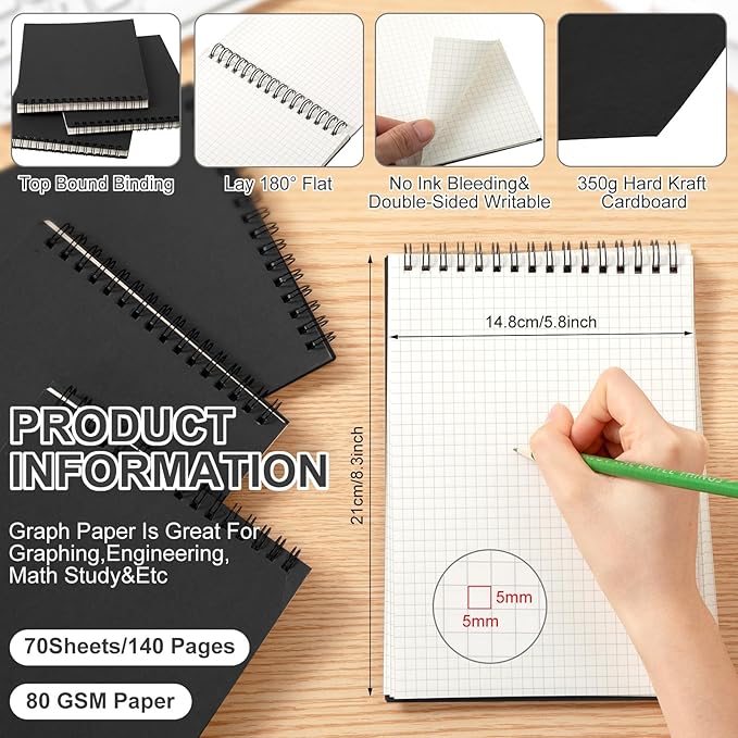Engrowtic 48 Pack Graph Paper Spiral Notepad A5 Top Wirebound Notepad Grid Notebook Steno Pads Memo Notebook Grid Paper 140 Pages for Writing Sketching Drawing Office Supplies (Black)