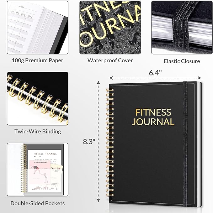 Fitness Journal Workout Planner for Women & Men, A5 (6.4" x 8.3") Workout Journal Log Book Planner Gift for Track Gym Essentials, Home Workouts, Track Progress, Achieve Wellness Goals, Black
