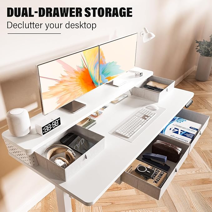 Kingant 40 x 24 Inch Electric Standing Desk with 4 Drawers, Height Adjustable Sit to Stand Computer Desk with Storage Shelf and C-Clamp Mount Compatibility for Home Office, White