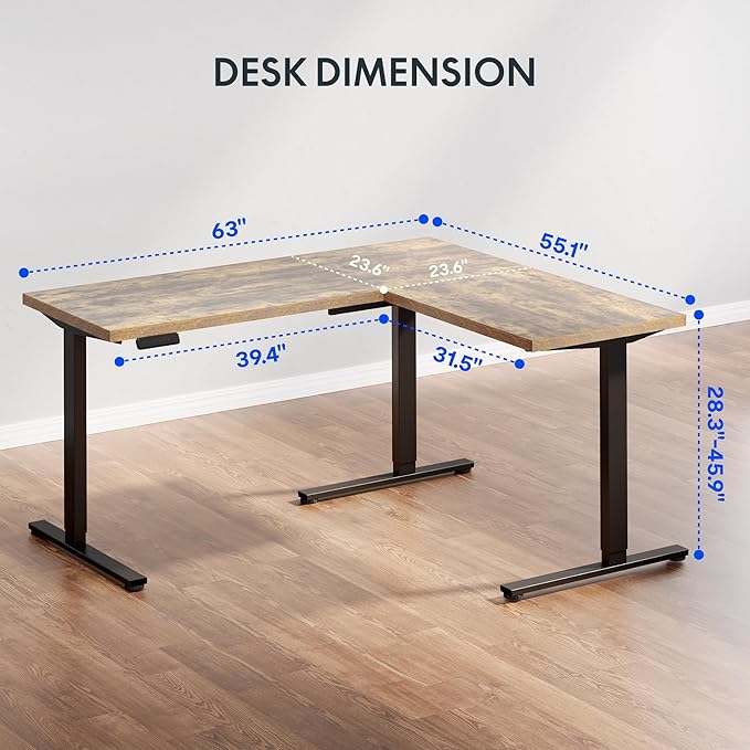 FLEXISPOT L Shaped Standing Desk, 63 x 55 Inch Electric Height Adjustable Corner Desk, Sit Stand Computer Workstation, Preset Controller, Home Office, Black Frame with Rustic Brown Top, Black Drawer