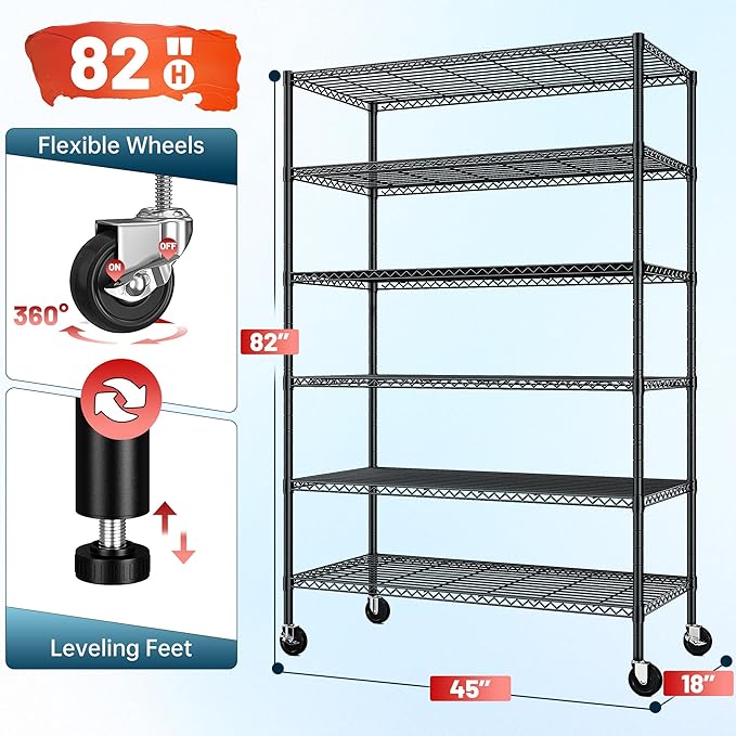 Romorgniz 82" H X45 W X18 D Storage Shelves with Wheels, 6 Tier Wire Shelving Adjustable Metal Shelving Pantry Shelves Capacity 1200LBS for Garage Shelving, Pantry, Kitchen, Closet, Black,2P